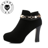 盾狐2016春季新品单靴高跟鞋防水台单鞋圆头短筒女靴粗跟短靴裸靴9881