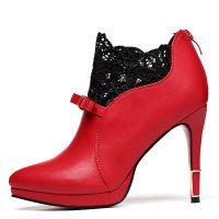 盾狐蕾丝圆头高跟单鞋女防水台细跟女鞋时尚优雅皮鞋2016春季新款5006