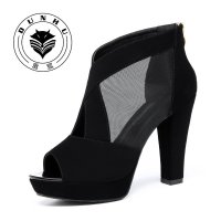 盾狐网纱鱼嘴单鞋女高跟防水台OL优雅时尚女鞋凉鞋粗跟2016春新款628-2