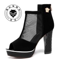 盾狐蕾丝鱼嘴网纱单鞋女高跟OL优雅时尚女鞋春厚底粗跟鞋2016新款8805