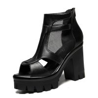 盾狐粗跟单鞋女2016新款网纱鱼嘴高跟鞋防水台厚底松糕休闲女鞋子8871