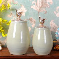 新古典创意铜质工艺品陶瓷摆件客厅书房玄关三件套装家居装饰品 两件套装E14E15