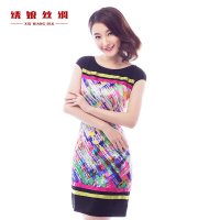 绣娘丝绸拼彩条重磅桑蚕丝连衣裙2016夏款修身显瘦时尚女装短款