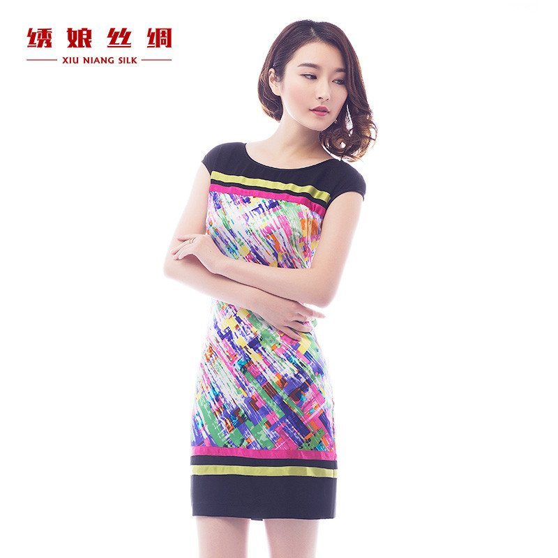 绣娘丝绸拼彩条重磅桑蚕丝连衣裙2016夏款修身显瘦时尚女装短款