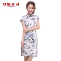 绣娘丝绸倾城重磅蚕丝青花瓷旗袍复古江南风日常显瘦中式礼服裙