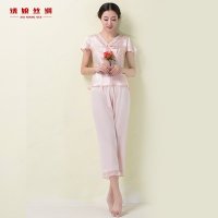 绣娘丝绸V领清雅女睡衣裤套真丝短袖睡衣夏两件套蕾丝粉色家居服