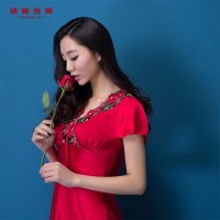 绣娘丝绸V领秀雅蕾丝女真丝睡衣裤套短袖夏两件套婚庆红色家居服