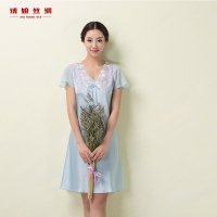 绣娘丝绸梦花睡裙2016夏天睡裙女士高贵睡衣蕾丝蓝色甜美家居服