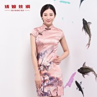 绣娘丝绸暗香桑蚕丝旗袍春夏新款文艺复古优雅气质印花礼服裙短款