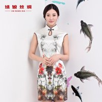 绣娘丝绸芙蓉碧玉真丝旗袍2016新款修身显瘦改良复古典雅印花礼服