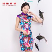 绣娘丝绸夏花旗袍时尚改良短款桑蚕丝连衣裙夏装中式礼服修身显瘦
