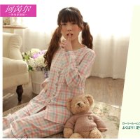 珂芮尔2015秋冬棉质双层纱家居服 淑女格子印花长袖套装 女款1234