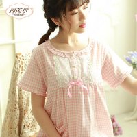 珂芮尔2016纯棉睡裙 春夏季新品格子睡裙 日系小清新格子睡裙5118