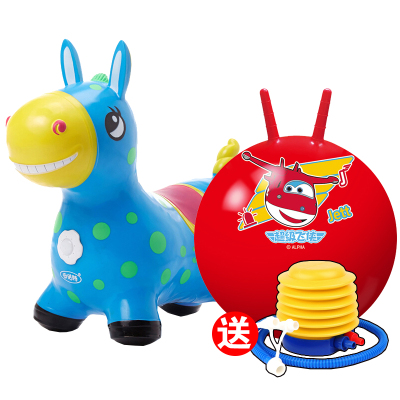 伊诺特儿童音乐跳跳马加大加厚坐骑无毒宝宝充气大号橡胶玩具1400g音乐马[蓝色]+22寸红色羊角球