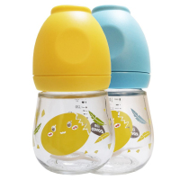 日康RK-N1019婴儿宽口径玻璃奶瓶 婴儿宝宝防胀气奶瓶 营养护理瓶140ml 蓝色+黄色