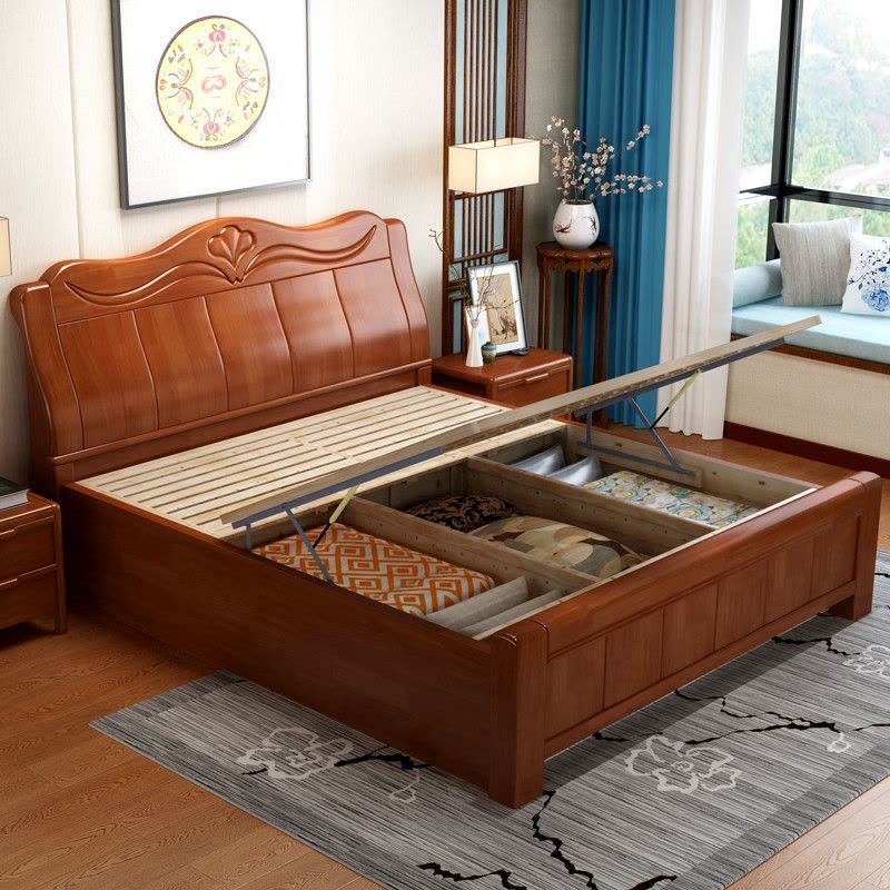 千喜凡品雅居 床 实木床 现代简约中式双人床1.8米/1.5米单人床卧室高箱储物床婚床图片