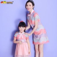 草莓南瓜亲子装2016新款母女装春装短袖蕾丝连衣裙韩版夏装潮