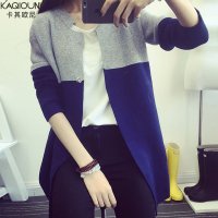 卡其欧尼2015秋装新款韩版复古拼接撞色毛衣外套修身中长款针织衫女9087