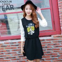 卡其欧尼2015秋装新款女装卡通动漫印花蕾丝拼接长袖连衣裙9135