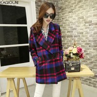 卡其欧尼2015秋装新款格子呢子大衣韩版宽松中长款大码毛呢外套女9342