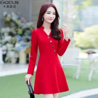 卡其欧尼2015秋装新款气质修身长袖A字裙纽扣深V打底裙9457