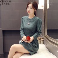 卡其欧尼2015秋装新款长袖毛呢美裙气质英伦格子修身时尚连衣裙9461