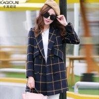 卡其欧尼2015秋装新款中长款毛呢外套女版时尚翻领H版型双扣格子大衣9415