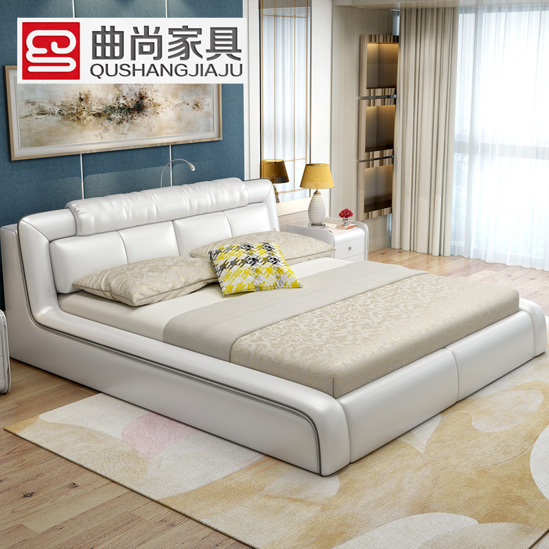 曲尚(Qushang) 皮床榻榻米现代简约主卧双人床真皮床1.5米1.8米皮艺床婚床软体床