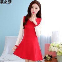 裳之梦2015秋装新款韩版气质V领撞色连衣裙女长袖打底裙子9093