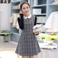裳之梦2015秋装新款韩版修身翻领中长款假两件大码显瘦毛呢长袖连衣裙女9178