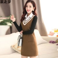 裳之梦2015秋装新款针织长袖毛呢拼接假两件韩版修身V领中长款连衣裙女9188