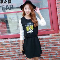 裳之梦2015秋装新款女装卡通动漫印花蕾丝拼接长袖连衣裙9135