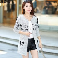 裳之梦2015秋装新款韩版修身针织衫 米奇图案女中长款开衫9140