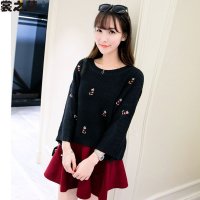 裳之梦2015秋装新款韩版甜美后开叉绣花针织毛衣套头衫9310