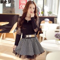 裳之梦2015秋装新款韩版女装显瘦长袖千鸟格蓬蓬裙连衣裙9316