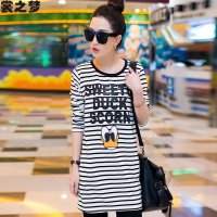 裳之梦2015秋装新款卡通印花百搭宽松修身字母包臀韩版中长款长袖条纹t恤9321