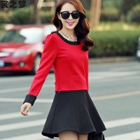 裳之梦2015秋装新款连衣裙两件套韩版新品长袖短裙套装女士圆领修身显瘦套裙9326