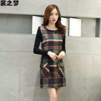 裳之梦2015秋装新款韩版外套显瘦修身格子大码打底毛呢连衣裙9344