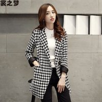 裳之梦2015秋装新款韩版千鸟格大衣中长款小西装大码毛呢薄外套9345