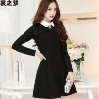 裳之梦2015秋装新款女装蕾丝拼接毛呢气质连衣裙插色娃娃领长袖9349