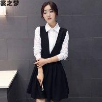 裳之梦2015秋装新款修身连衣裙韩版衬衫上衣背带裙显瘦两件套装裙9365