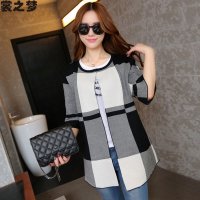裳之梦2015秋装新款女毛衣外套格子中袖针织开衫9373