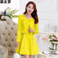裳之梦2015秋装新款韩版修身显瘦气质长袖圆领两件套连衣裙9377