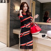 裳之梦2015秋装新款修身3D拼接条纹两件套连衣裙流苏套装裙9399