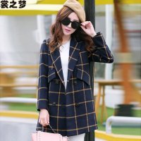 裳之梦2015秋装新款中长款毛呢外套女版时尚翻领H版型双扣格子大衣9415