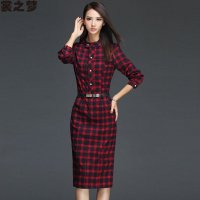 裳之梦2015秋装新款英伦格子立领修身显瘦长袖时尚包臀连衣裙9451