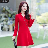 裳之梦2015秋装新款气质修身长袖A字裙纽扣深V打底裙9457