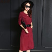 裳之梦2015秋装新款韩版修身条纹长袖连衣裙中长款气质通勤一步裙9471