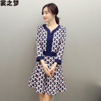 裳之梦2015秋装新款韩版女装OL气质修身显瘦七分袖印花撞色连衣裙9472