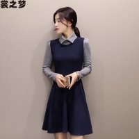 裳之梦2015秋装新款拼接连衣裙长袖针织连衣裙A字中裙娃娃领连衣裙9491